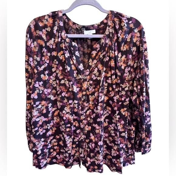 J. Jill Floral Button Down V-Neck Dark Purple Blouse Long Sleeve Plus Sz 2X - Picture 1 of 8